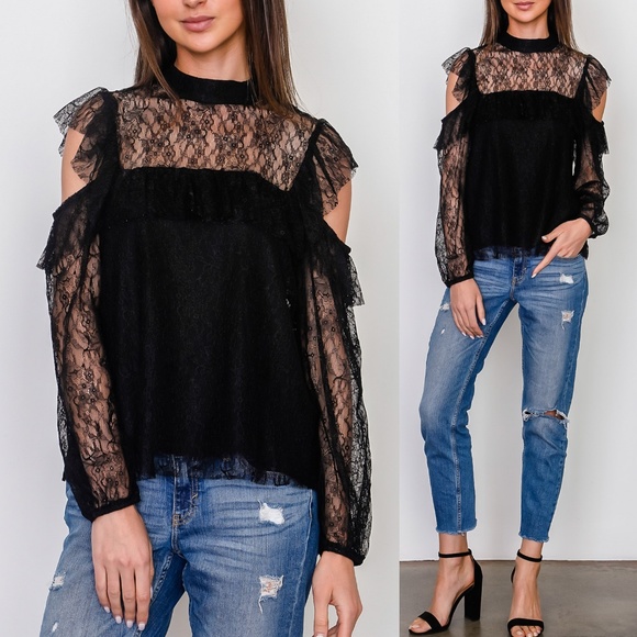Soprano Tops - ✨Restock✨ Lace Ruffle Cold Shoulder Blouse Top